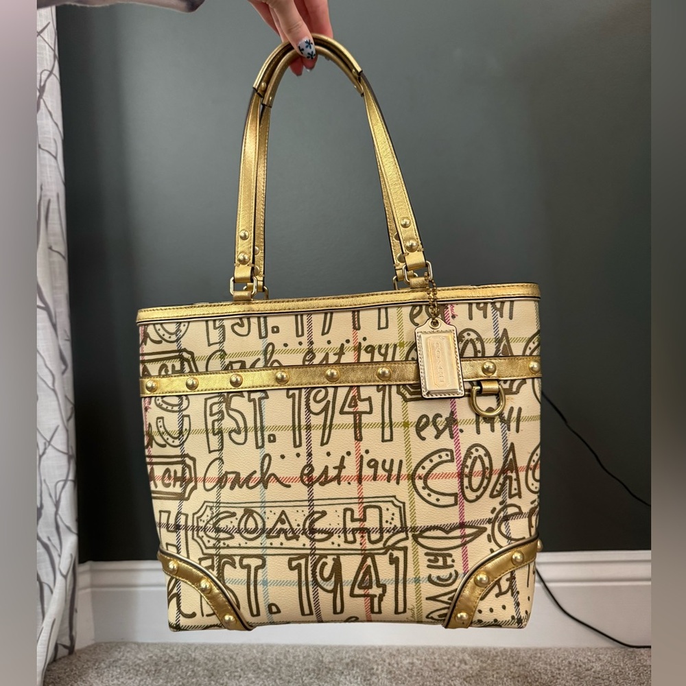 Vintage Coach Gold and Cream Graphic Tote Bag